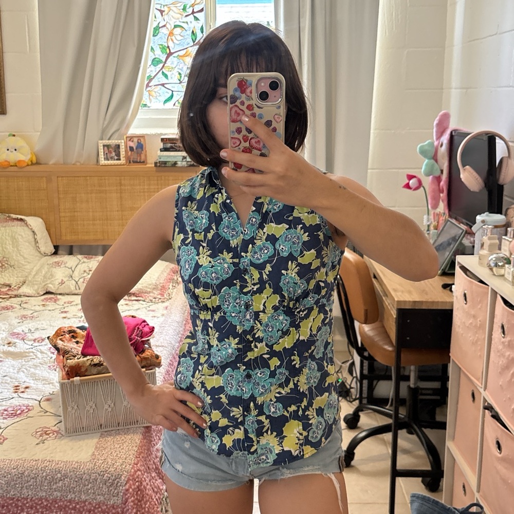 Blue and Yellow Floral Sleeveless Top